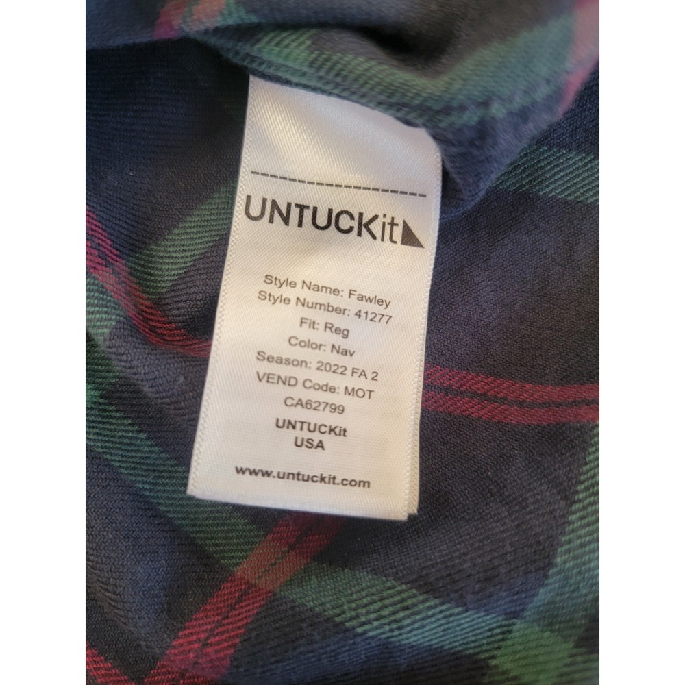 UNTUCKit Shirt- Flannel -Men's - Medium Navy Blue Button Down Plaid Slim - Picture 10 of 11